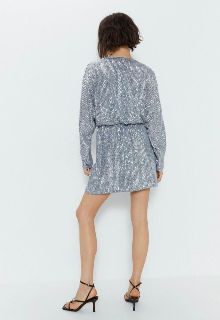 Vestido Mini Manga Larga de Lentejuela con Escote V