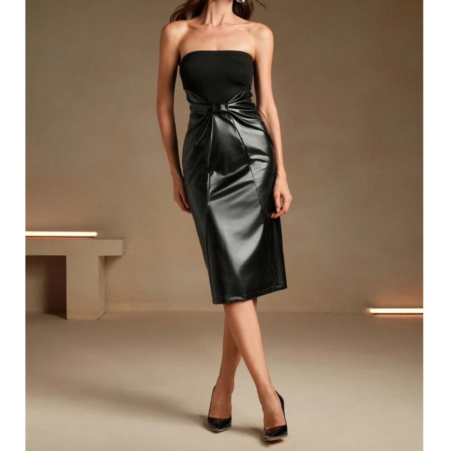 Vestido Midi com Falda en Imitación de Cuero