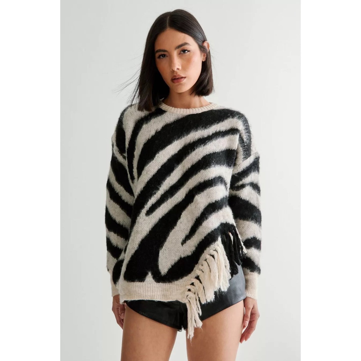 Sweater De Punto Con Estampado De Zebra y Flecos