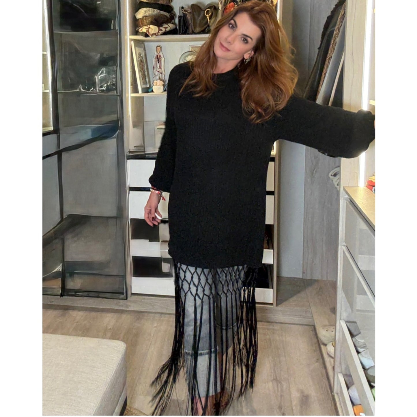 Vestido Tipo Sweater Tejido con Flecos