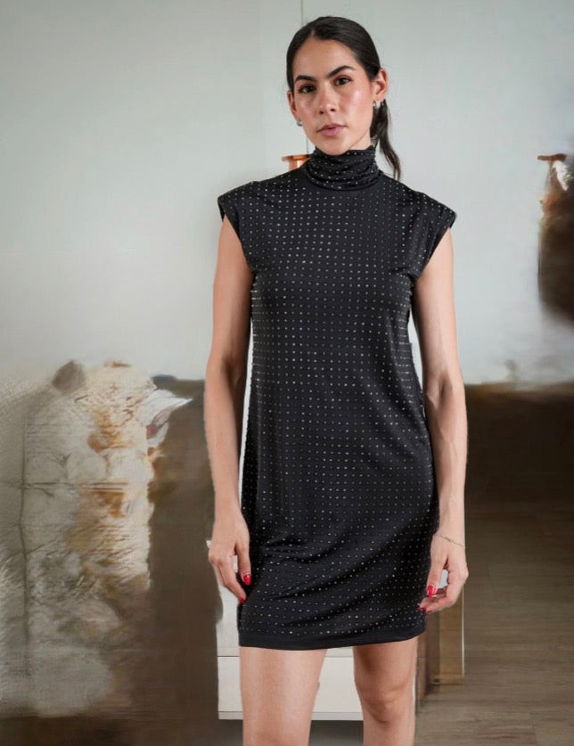 Vestido Cuello Alto con Rhinestones Mc