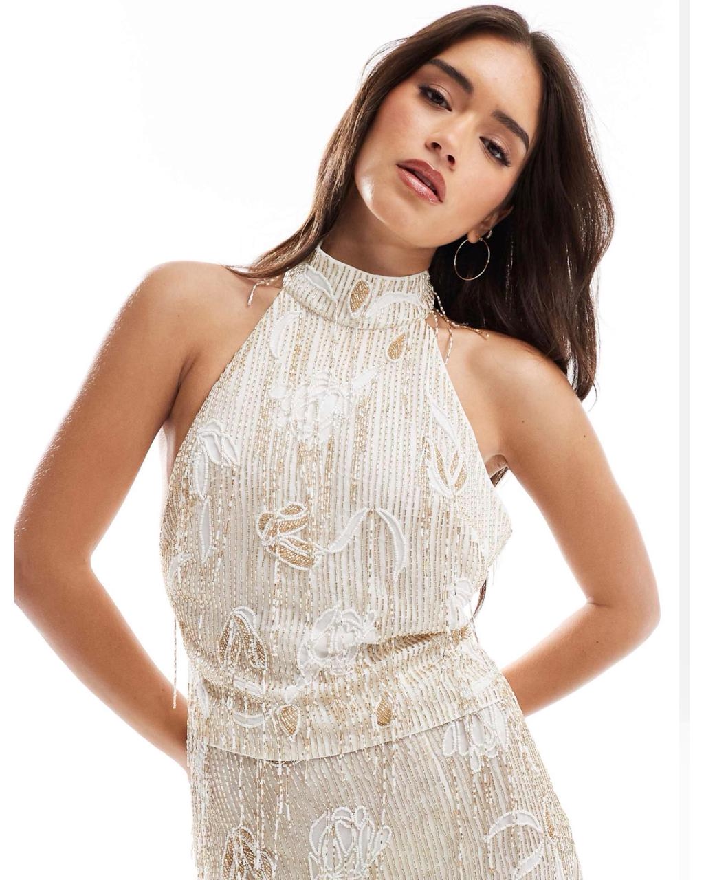 Set Top y Falda con Flecos en Piedras y Lentejuelas VM