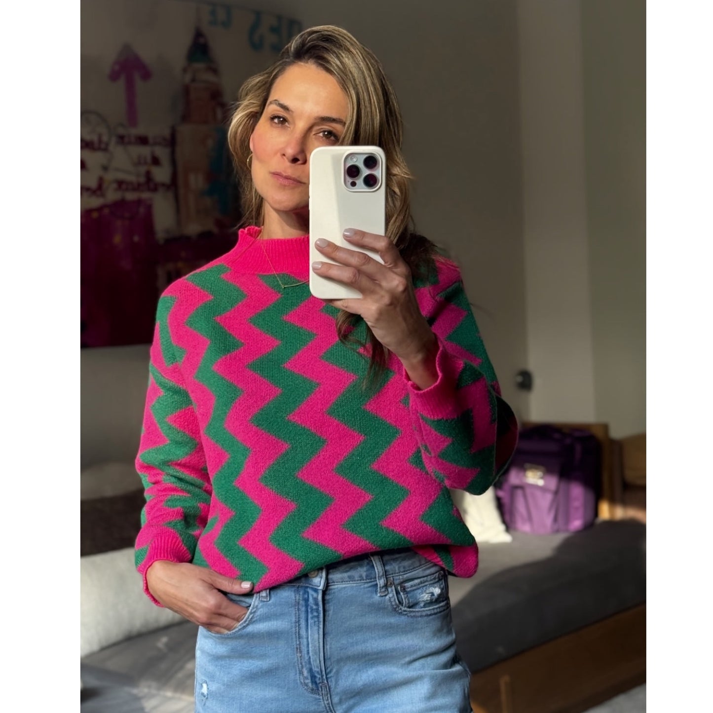 Sweater con Tejido de Punto en Zig Zag
