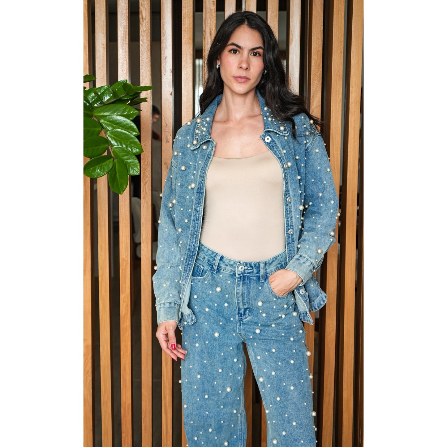 Set camisa y Jean denim con Perlas Mc