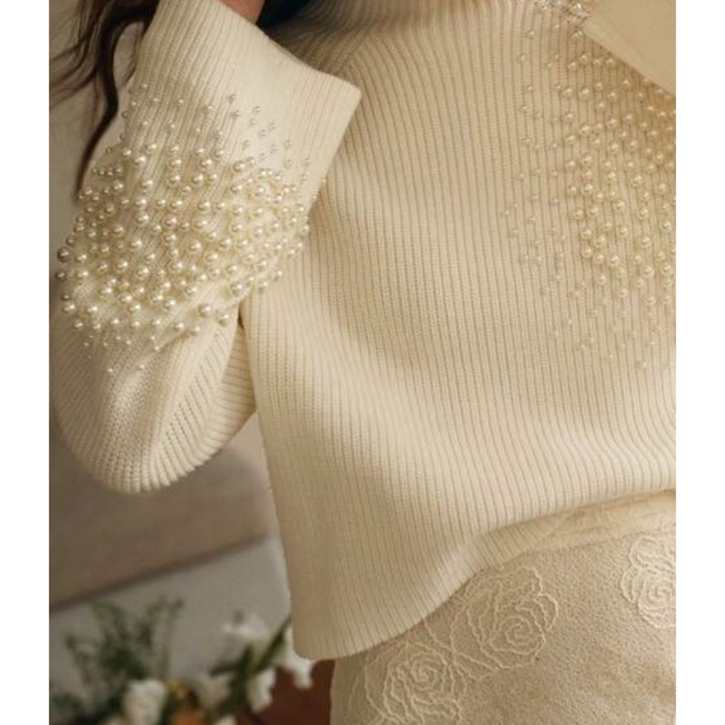 Sweater con Tejido de Punto con Detalles Perlas