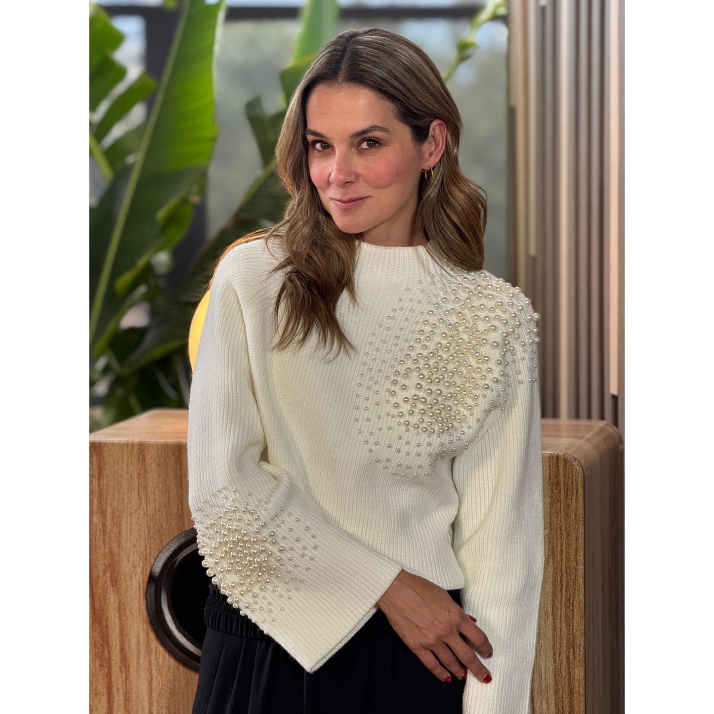 Sweater con Tejido de Punto con Detalles Perlas
