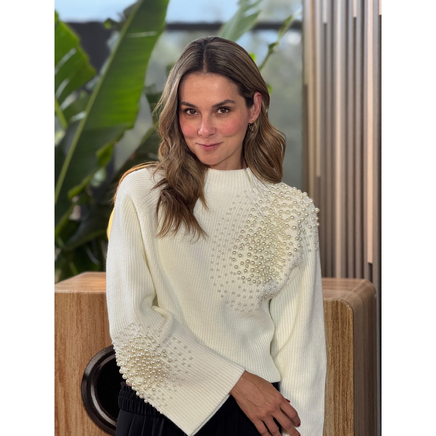Sweater con Tejido de Punto con Detalles Perlas