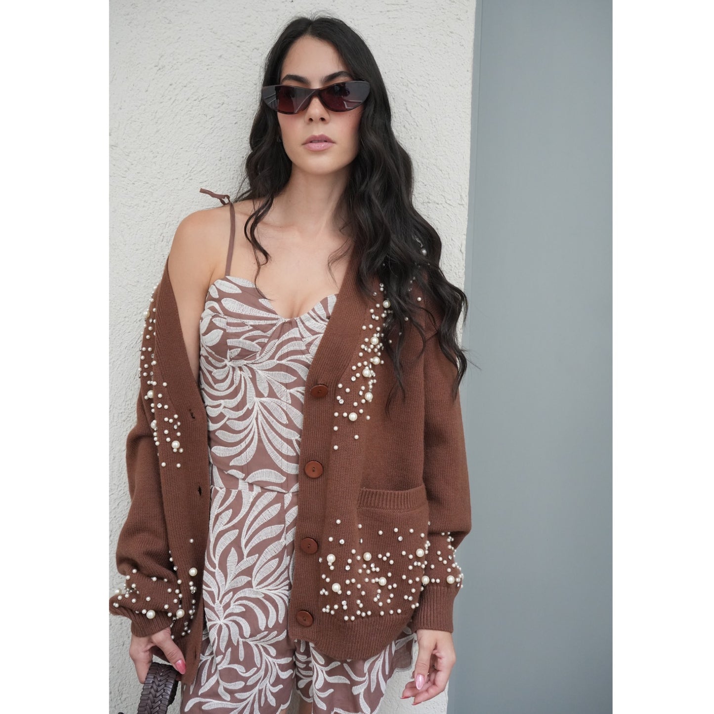 Cardigan with Pearl and Rhinestone Appliques