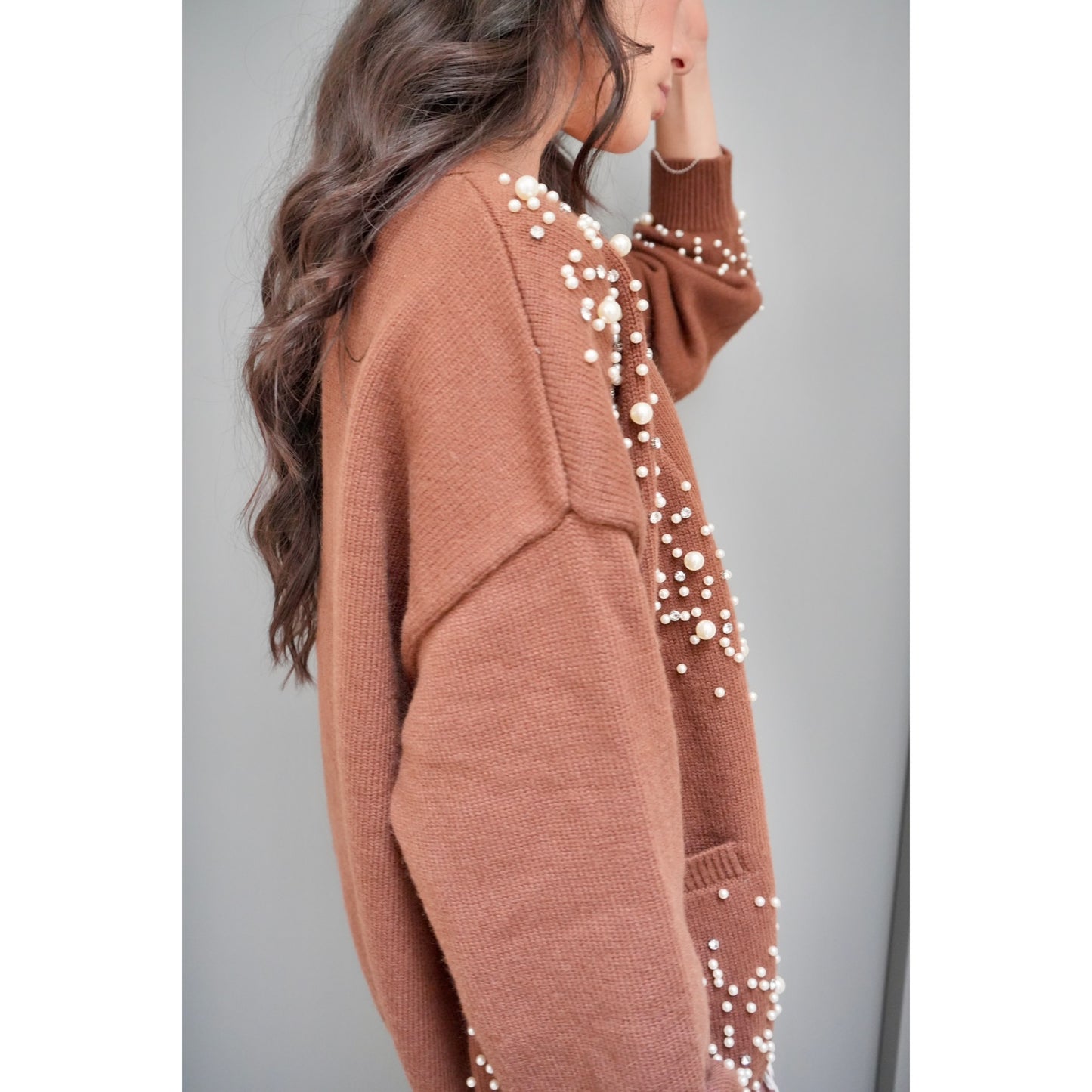 Cardigan with Pearl and Rhinestone Appliques