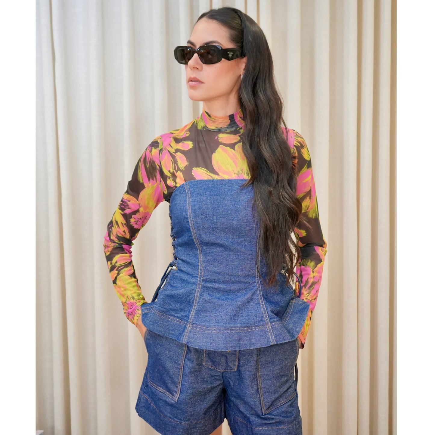 Long Sleeve Floral Mesh Top