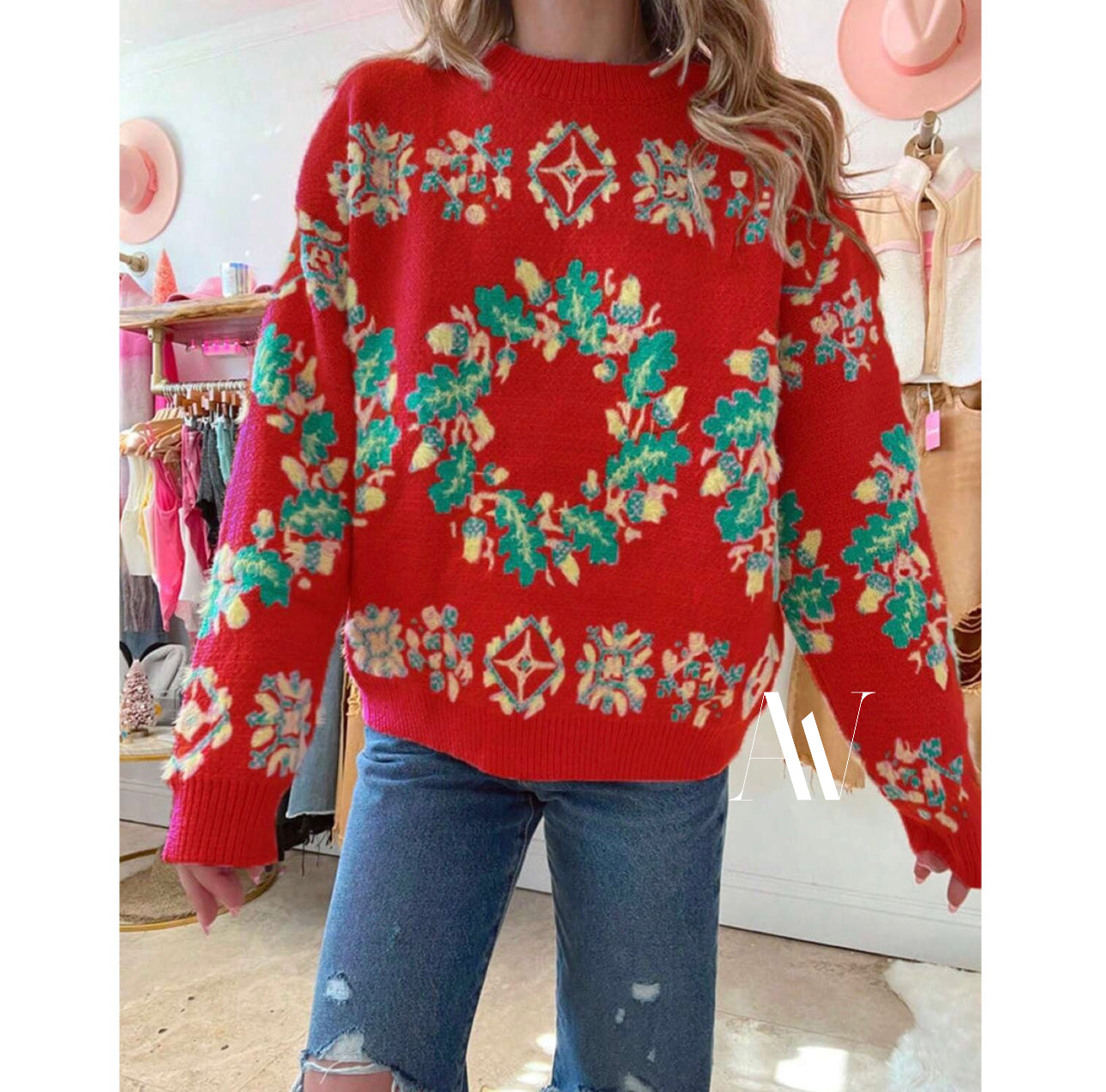 Sweater with Christmas Wreaths