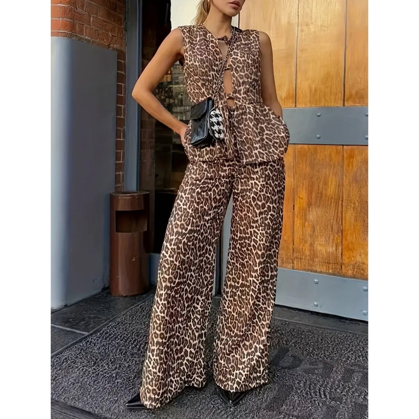 Set Top with Tie and Palazzo Pants Animal Print