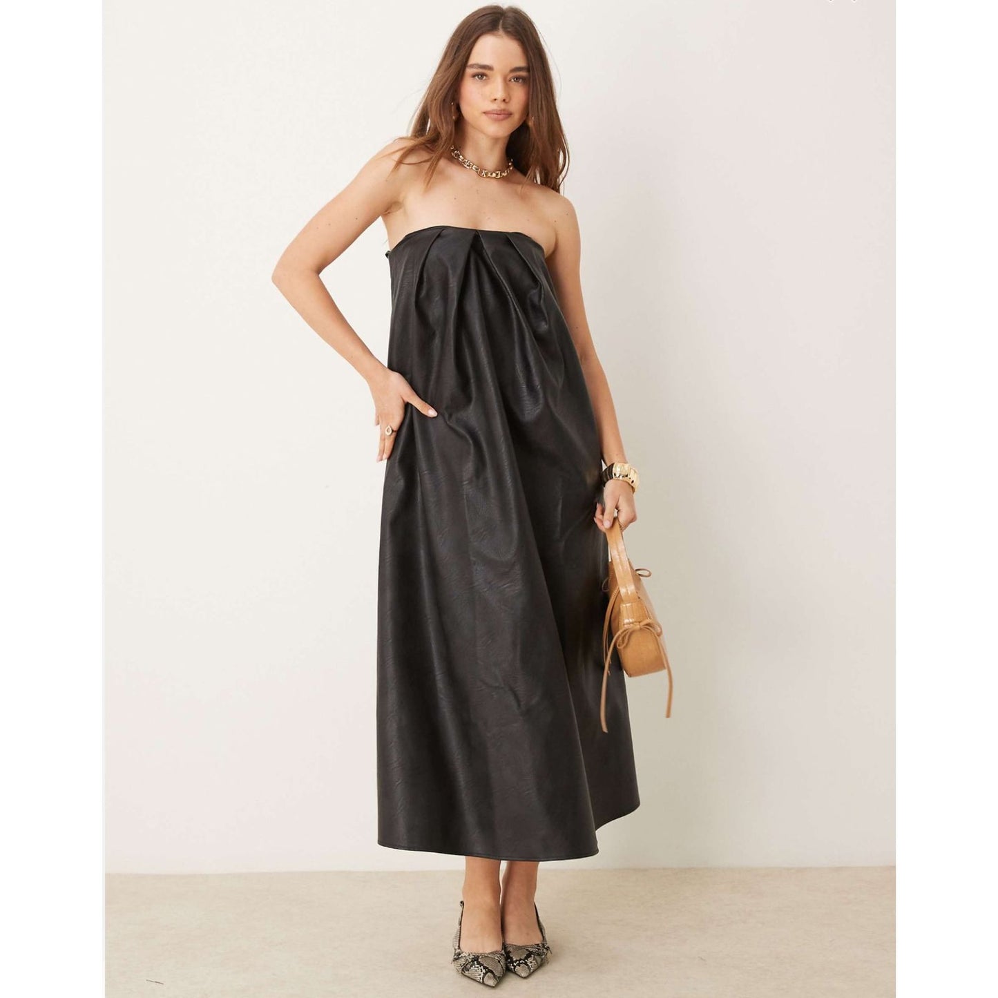 Strapless Midi Dress in Faux Leather