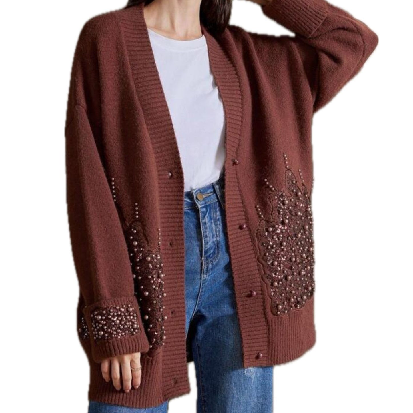 Cardigan Mocha Recamado en Perlas y Lentejuela