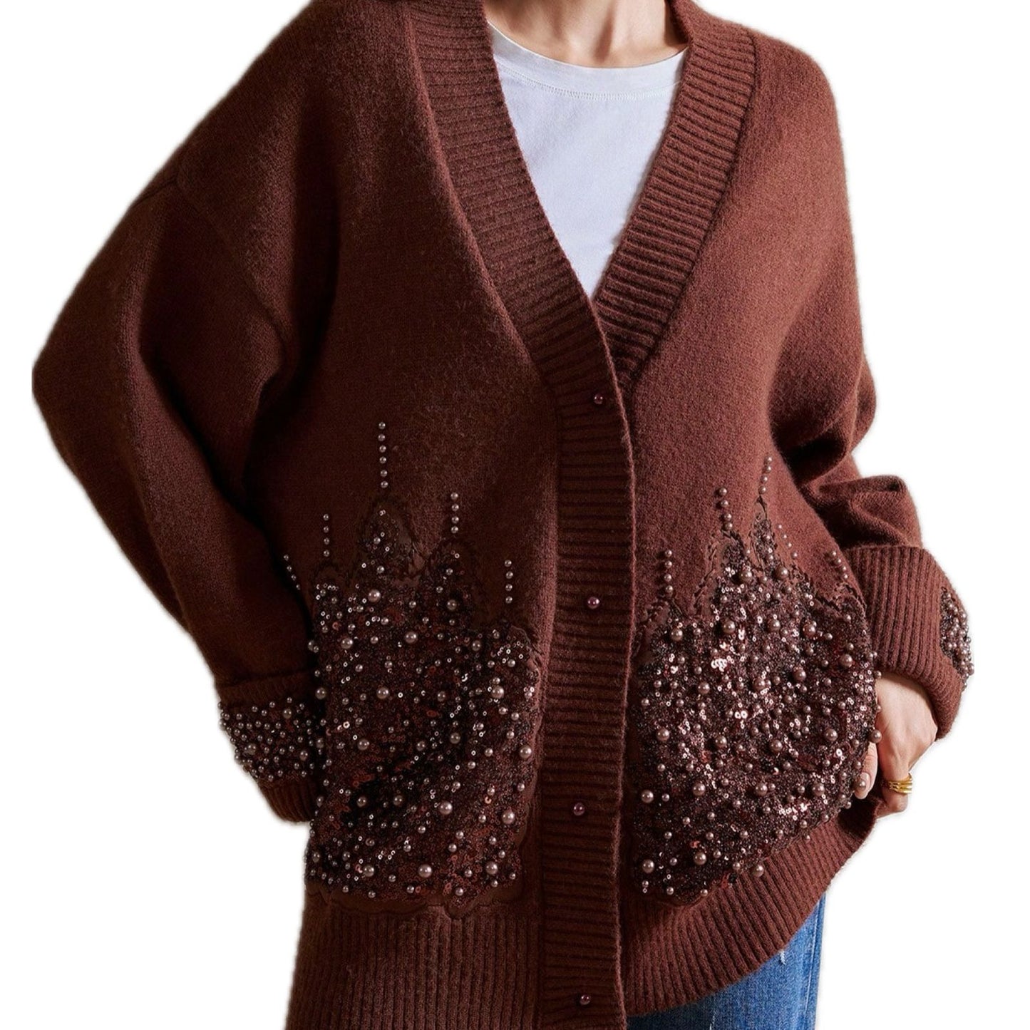 Cardigan Mocha Recamado en Perlas y Lentejuela