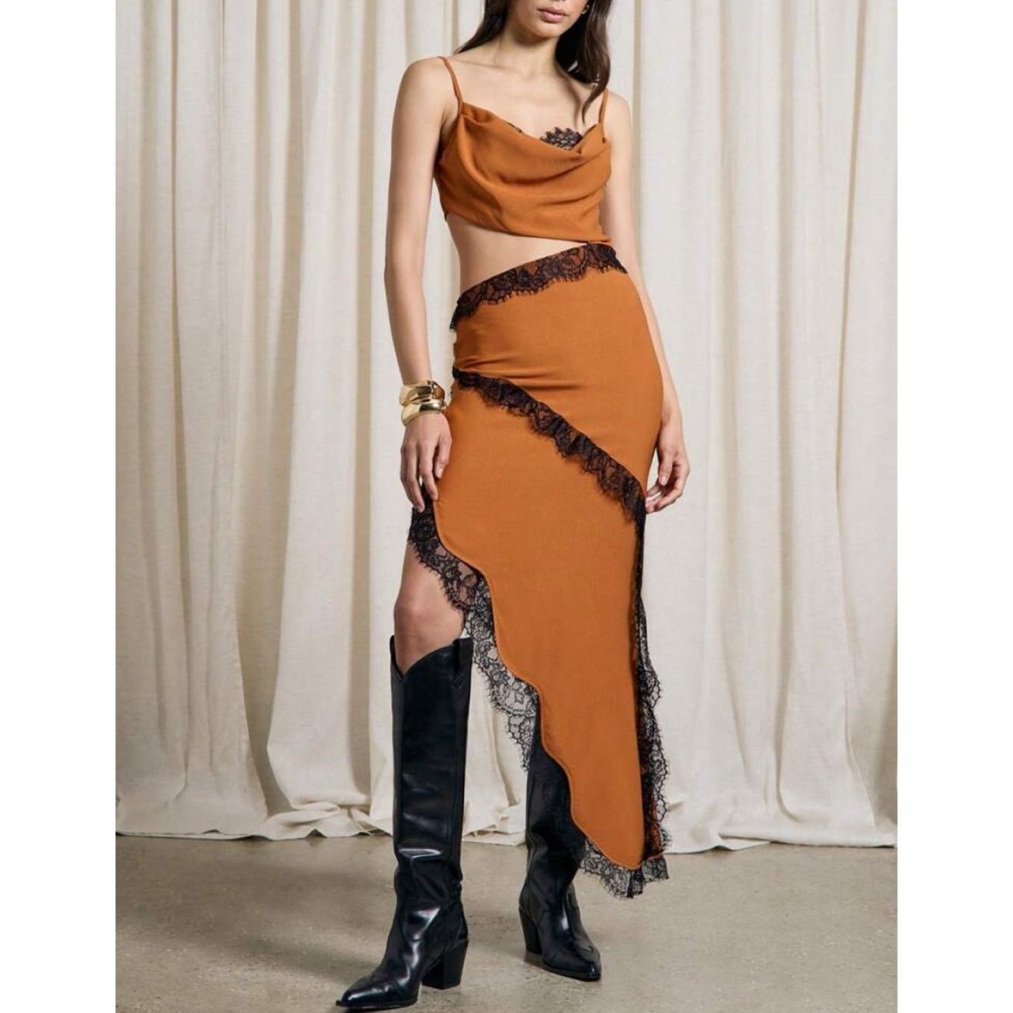 Asymmetrical Cut Out Midi Dress with Lace