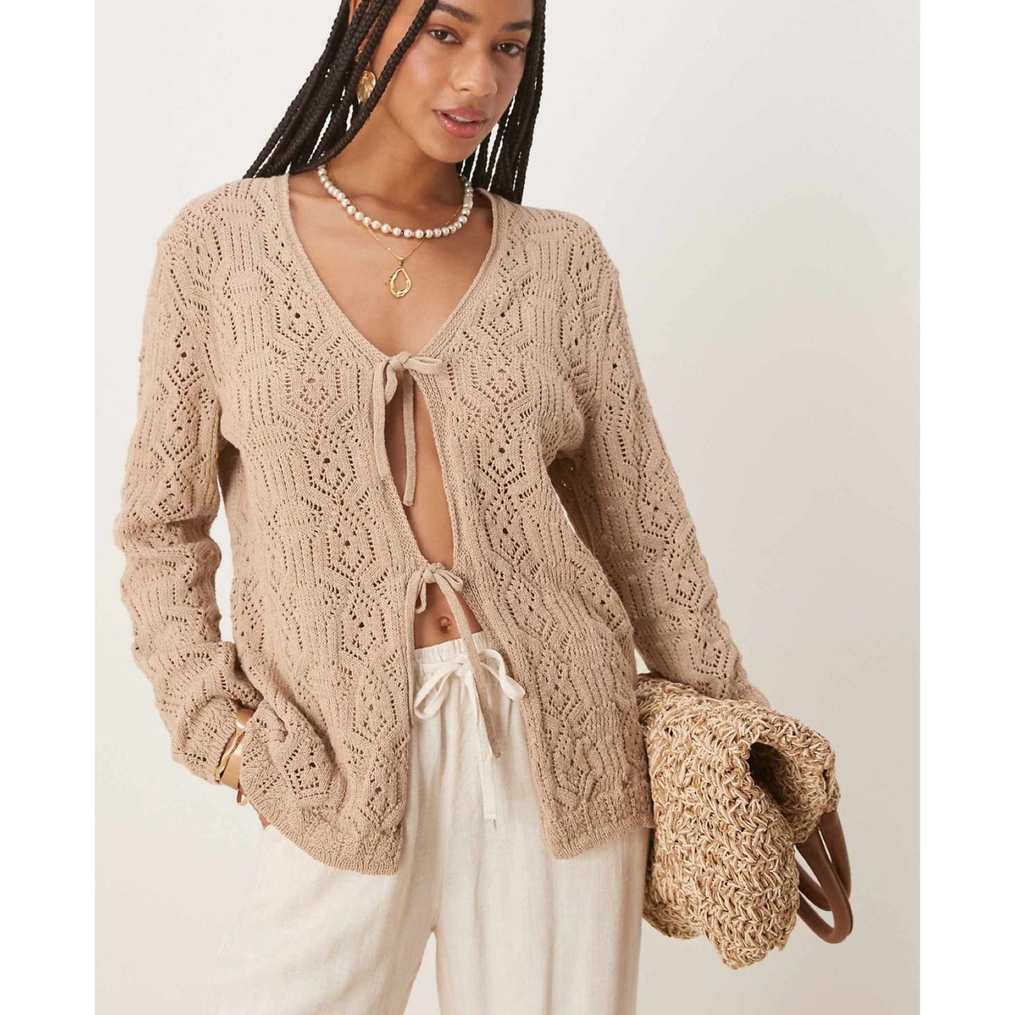 Cardigan con Escote Tejido y Lazos
