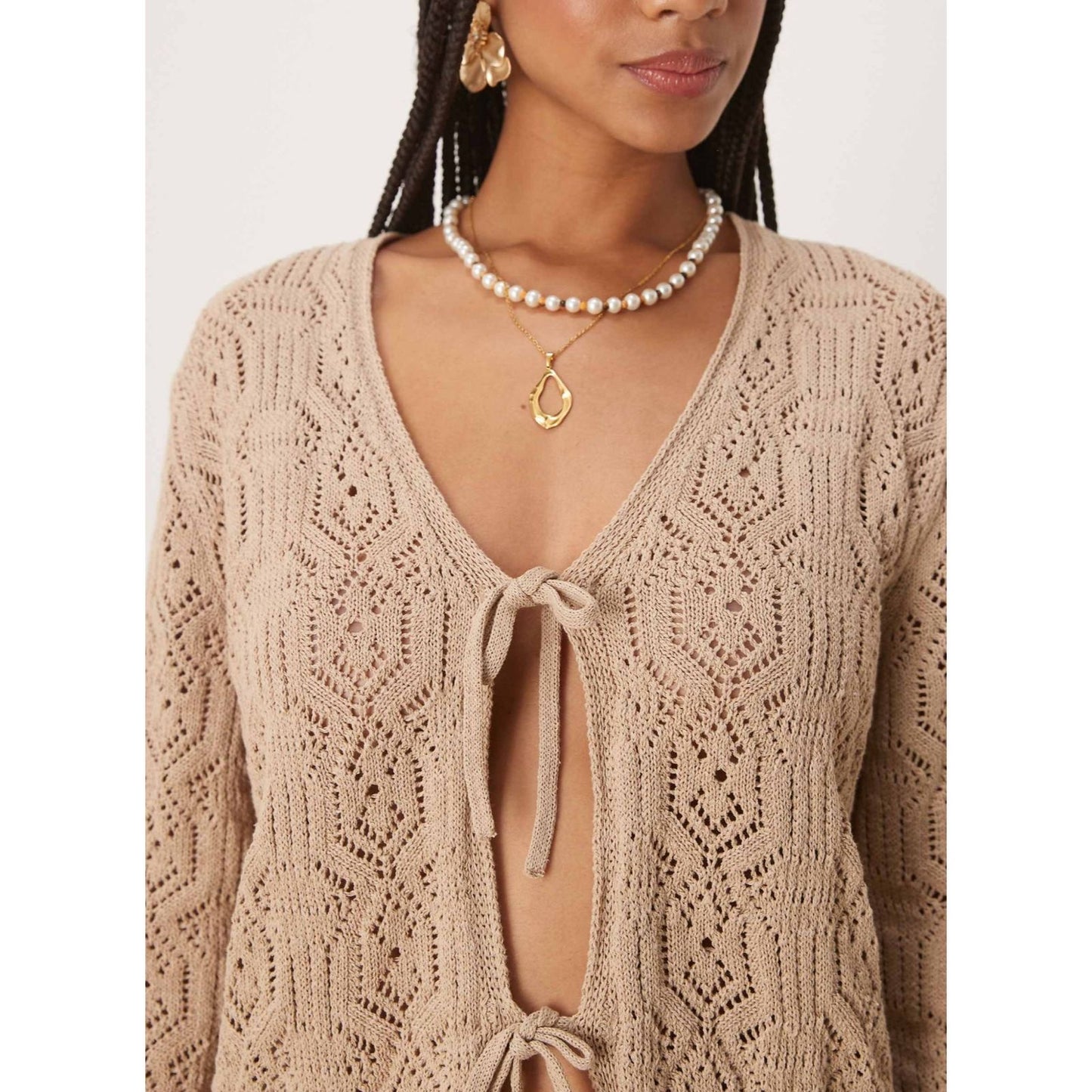 Cardigan con Escote Tejido y Lazos