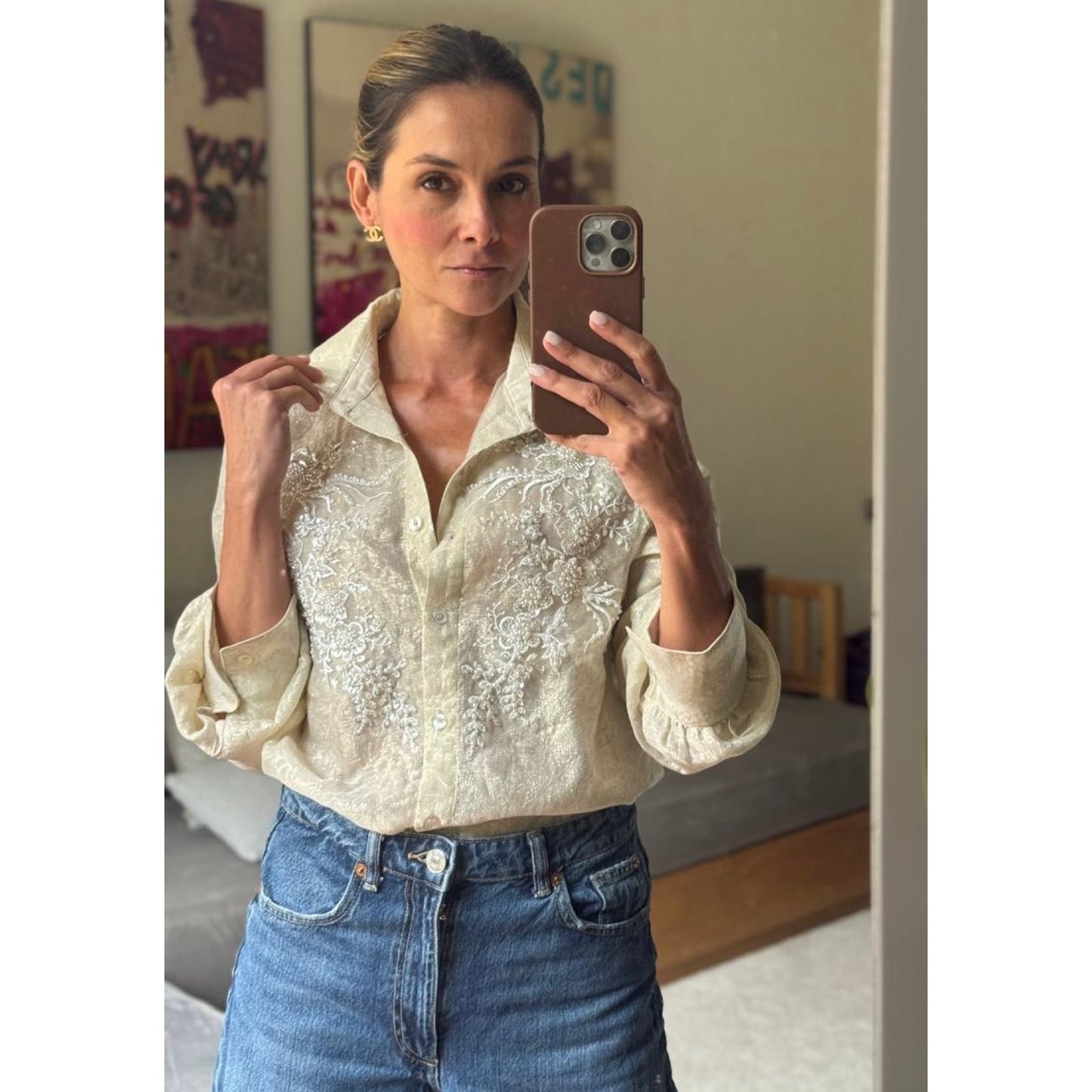Camisa Con Apliques En Perlas