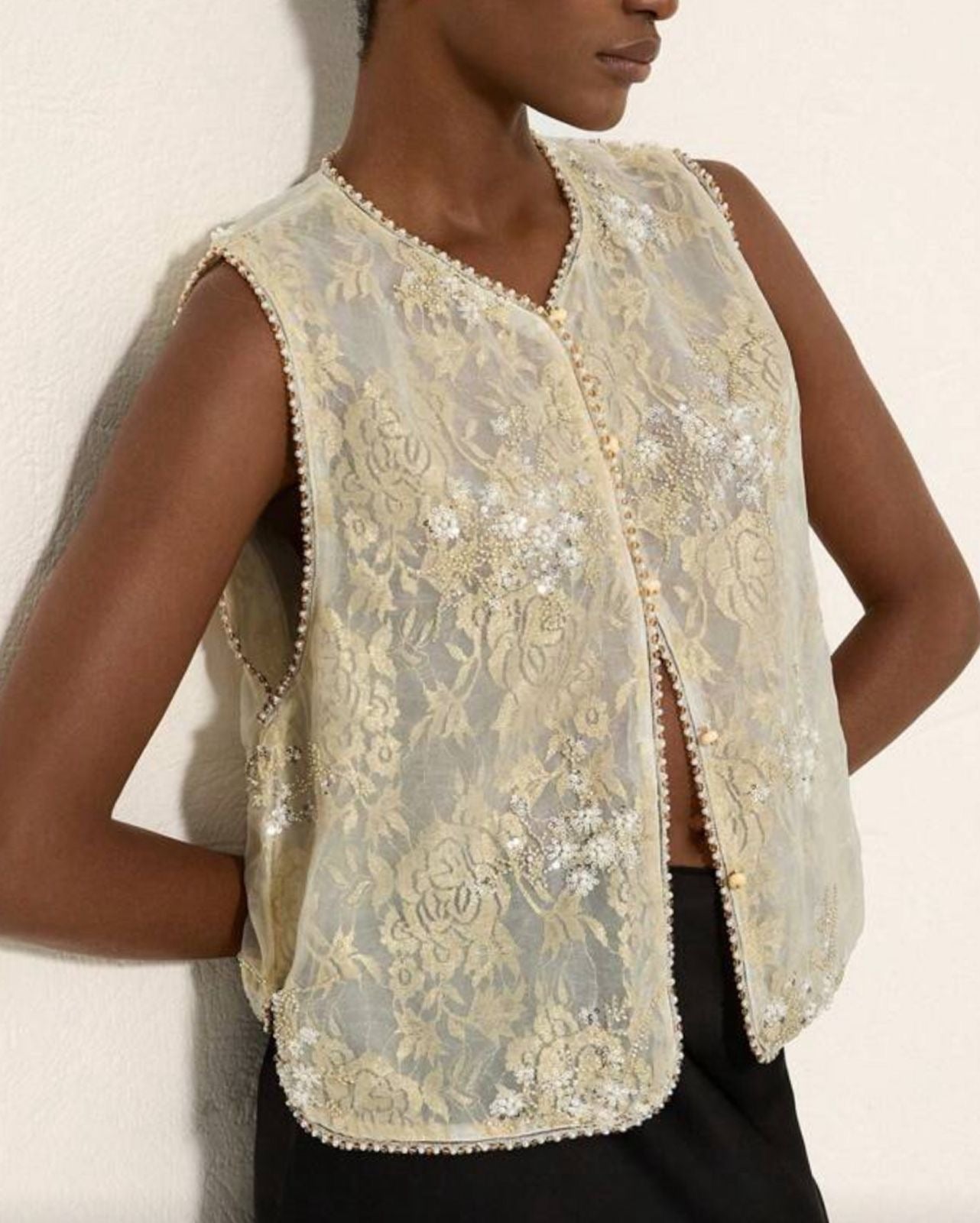 Chaleco de Encaje Bordado con Perlas y Lentejuelas  Vm