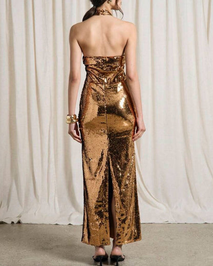 Vestido Halter de Lentejuelas Doradas VM
