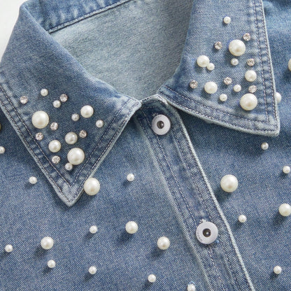 Camisa En Denim con Apliques de Perlas