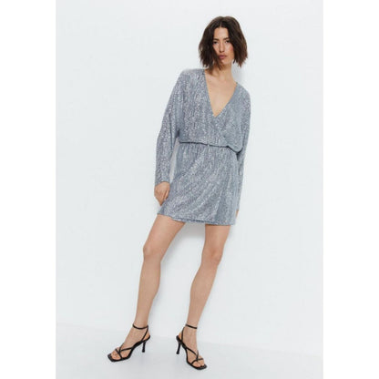 Vestido Mini Manga Larga de Lentejuela con Escote V