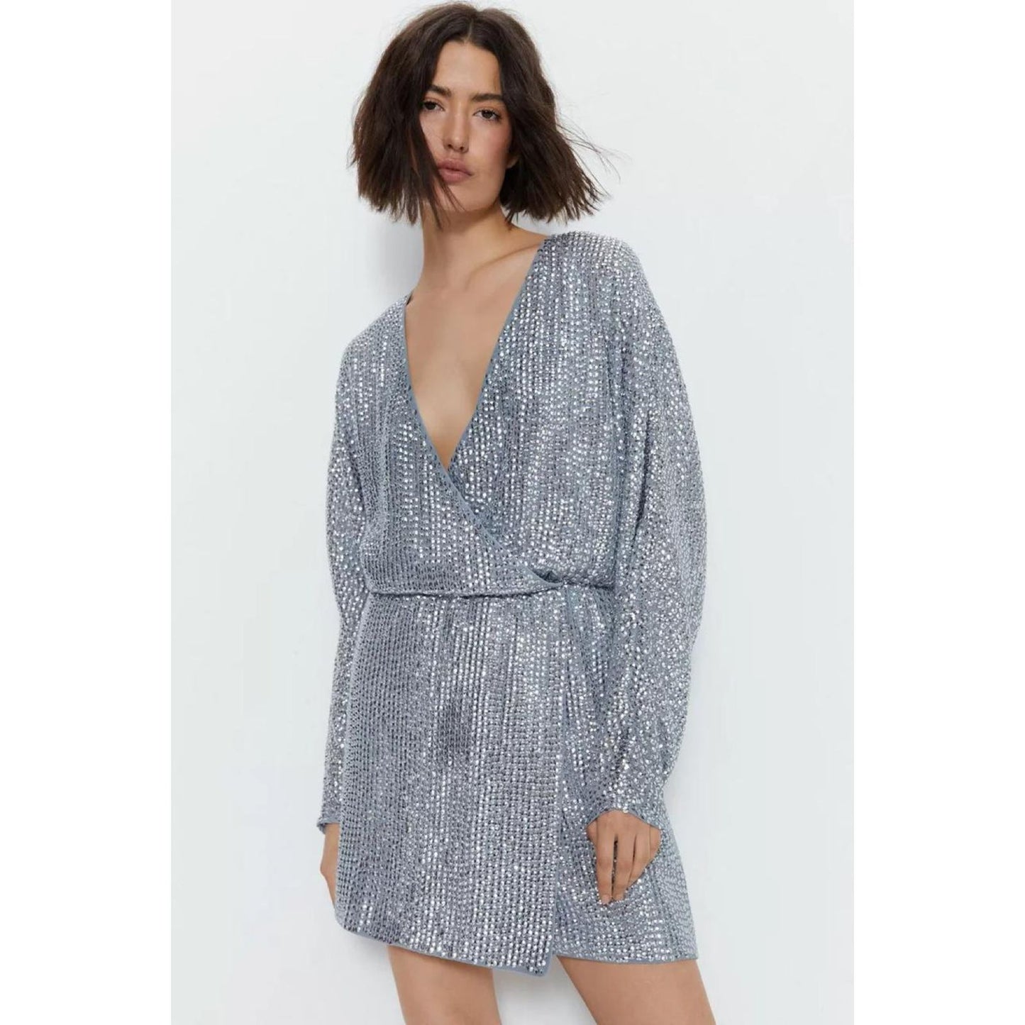 Vestido Mini Manga Larga de Lentejuela con Escote V