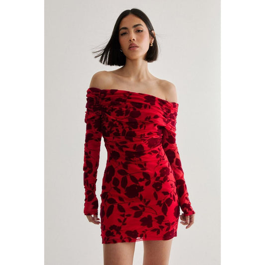 Vestido Mini Cuello Barco con Mangas y Floral