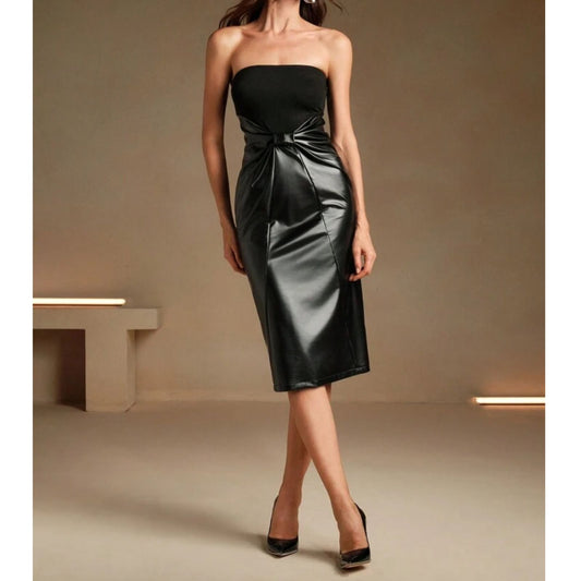 Vestido Midi com Falda en Imitación de Cuero