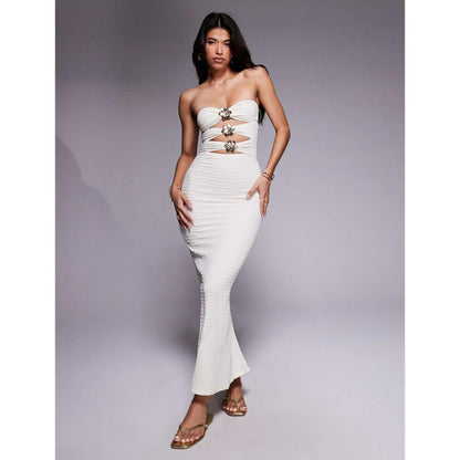 Vestido Strapless con Apliques Dorados en Flores