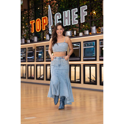 Set Crop Top y Falda en Denim con Apliques en Rhinestones
