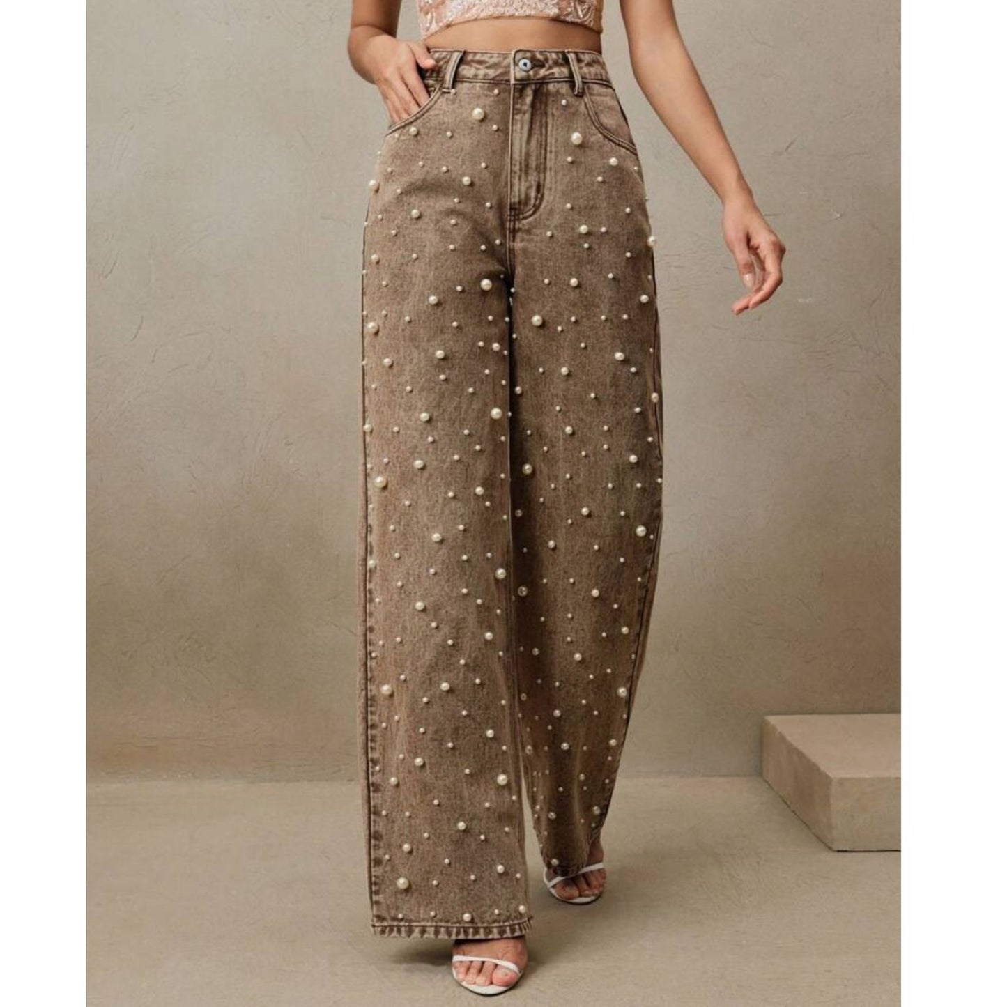 Jean Talle Alto con Apliques en Perlas