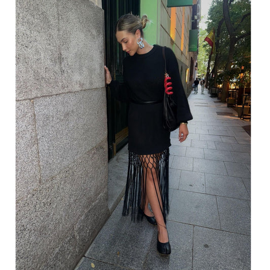 Vestido Tipo Sweater Tejido con Flecos