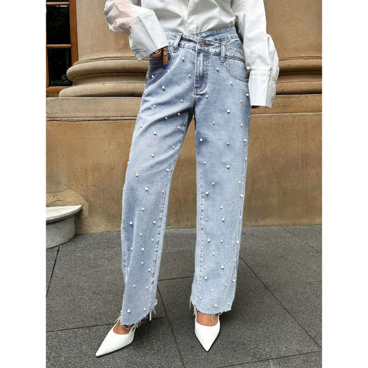Jean with Asymmetric Waistband and Pearls