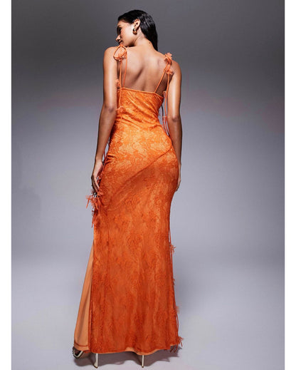 Maxi Vestido  con Encaje Floral y Flecos Vm