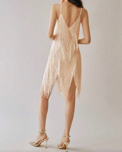 Vestido con Escote en V y Flecos en Lentejuelas Vm