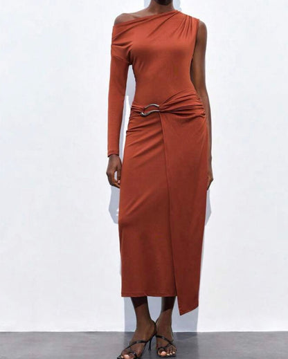 Vestido Manga Larga con Hombro Asimétrico Vm