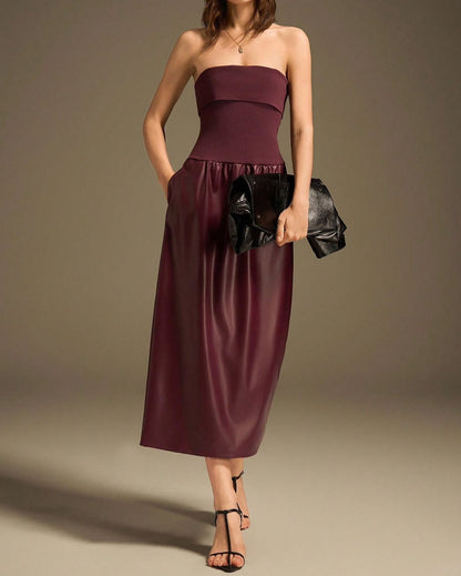 Vestido Midi Strapless con Falda en Imitación de Cuero Vm
