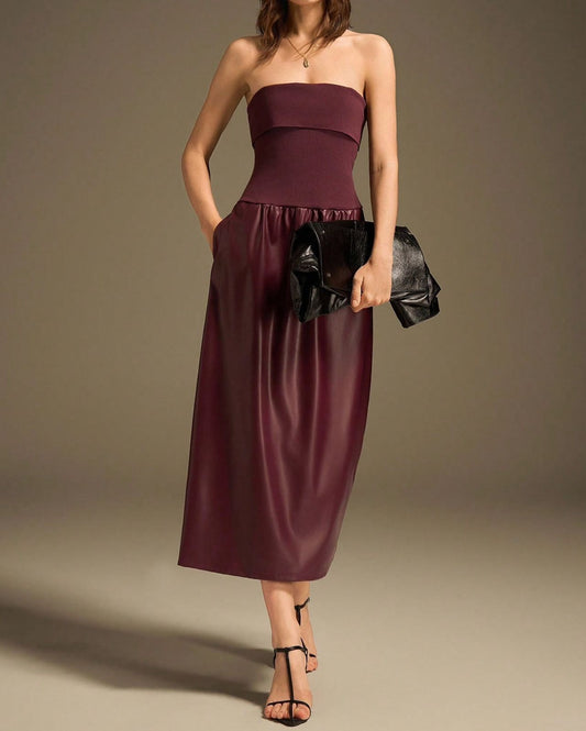 Vestido Midi Strapless con Falda en Imitación de Cuero Vm