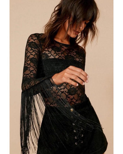 Body  con Transparencia en Encaje con flecos Vm