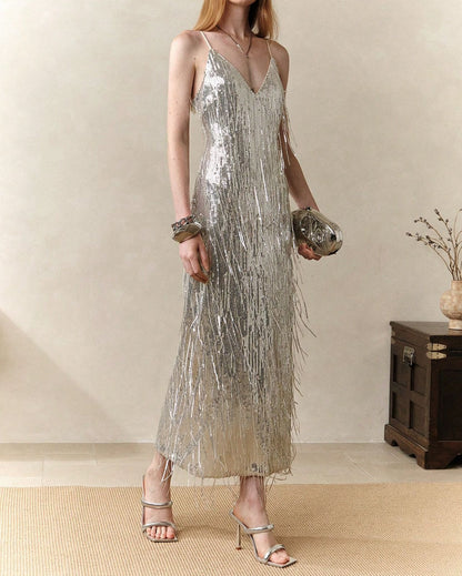 Vestido Midi con Flecos en Lentejuela