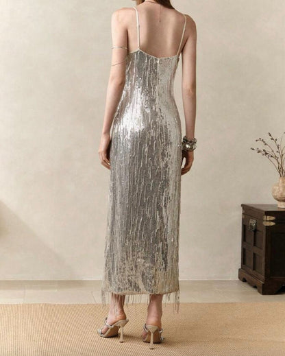 Vestido Midi con Flecos en Lentejuela