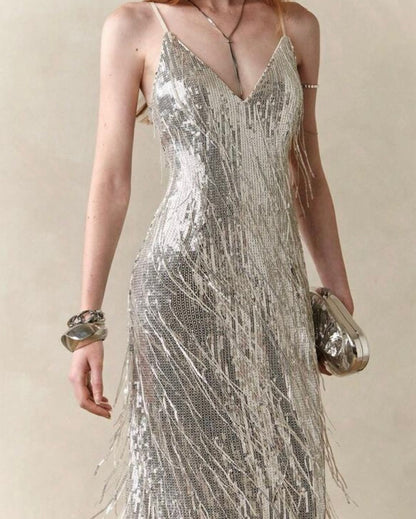 Vestido Midi con Flecos en Lentejuela