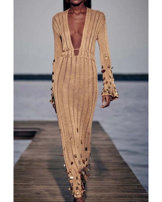 Maxi Vestido en Tejido de Punto con Apliques en Lentejuelas