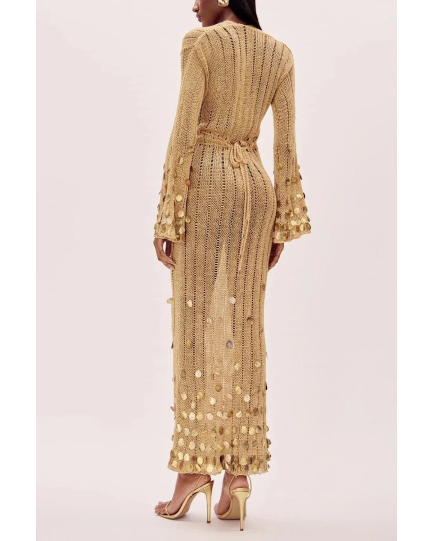 Maxi Vestido en Tejido de Punto con Apliques en Lentejuelas