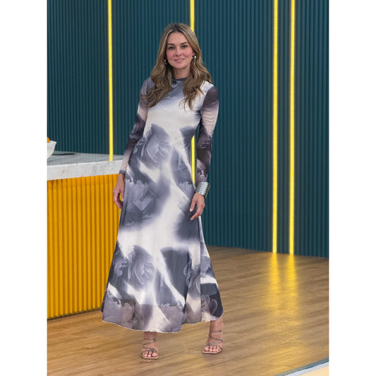 Vestido midi de manga larga con estampado floral degradado