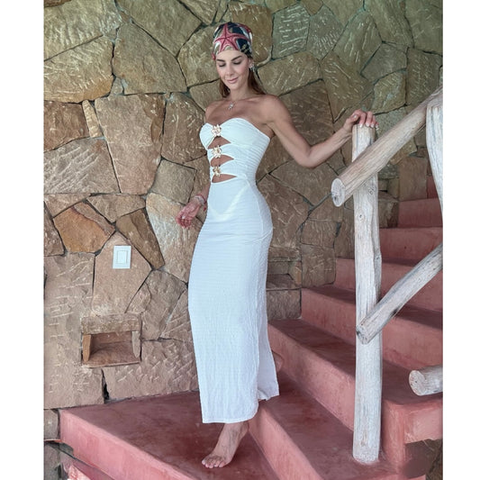 Vestido Strapless con Apliques Dorados en Flores
