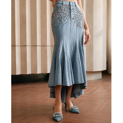 Set Crop Top y Falda en Denim con Apliques en Rhinestones